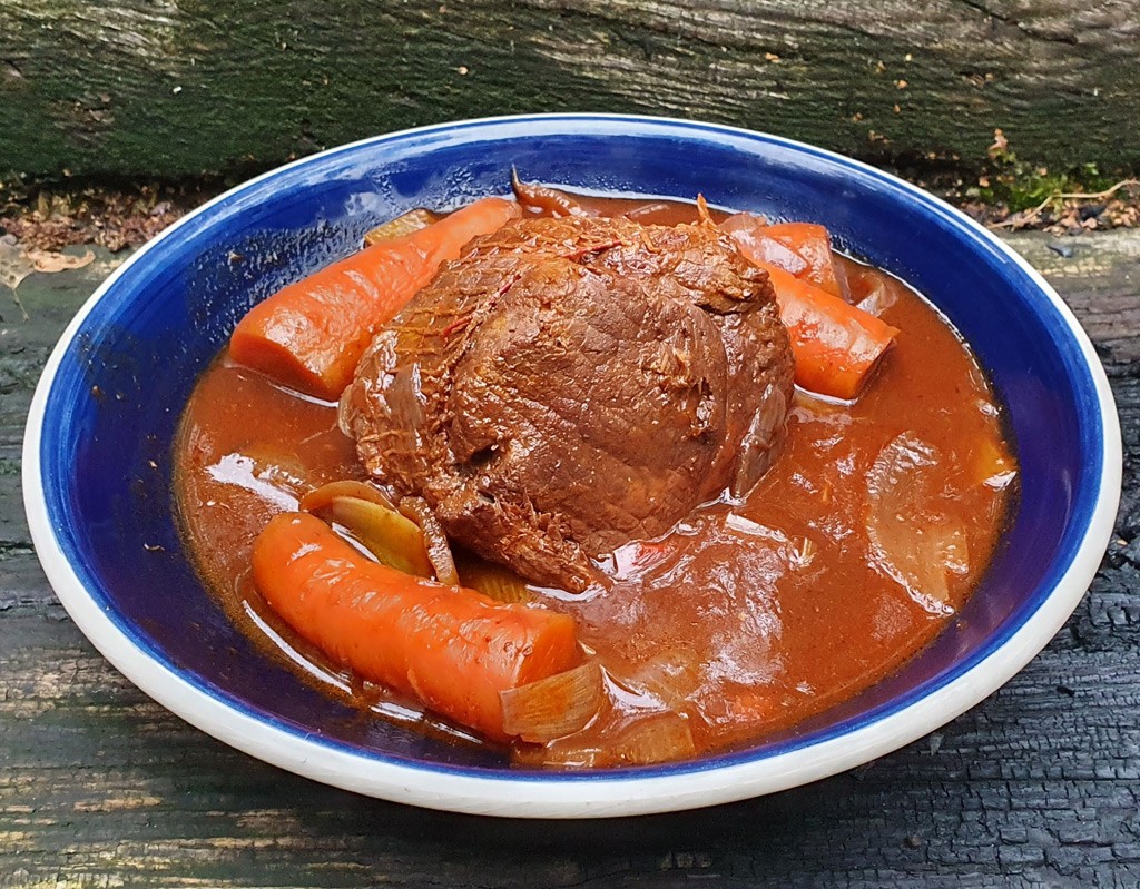 Pot roasted beef in wine sauce