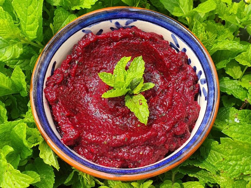 Baked aubergine and beetroot dip