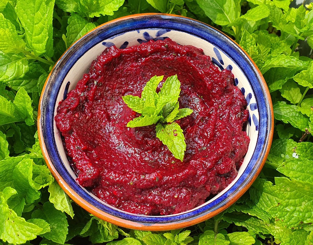 Baked aubergine and beetroot dip