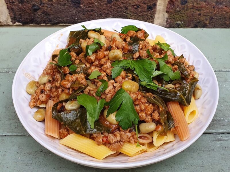 Vegan mince and broad beans in roasted tomato sauce