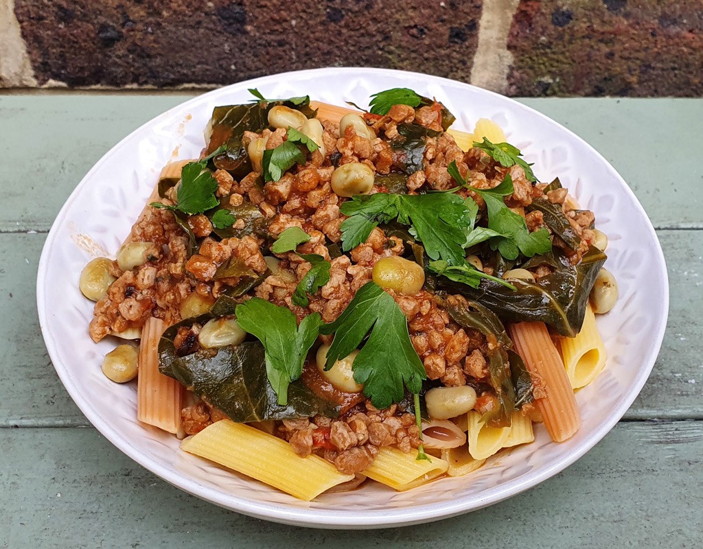 Vegan mince and broad beans in roasted tomato sauce