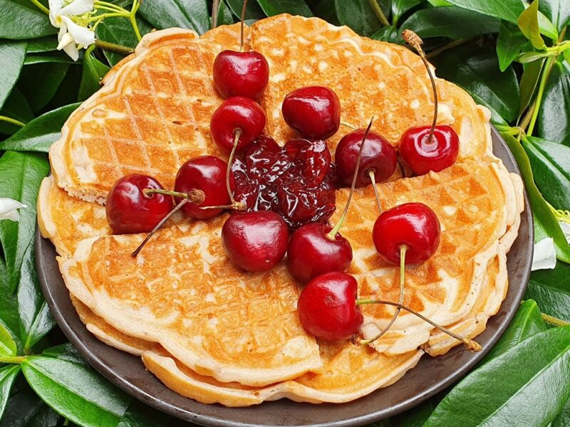 Cherry and yoghurt waffles