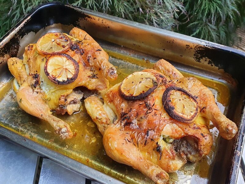 Lemon and thyme roasted poussin