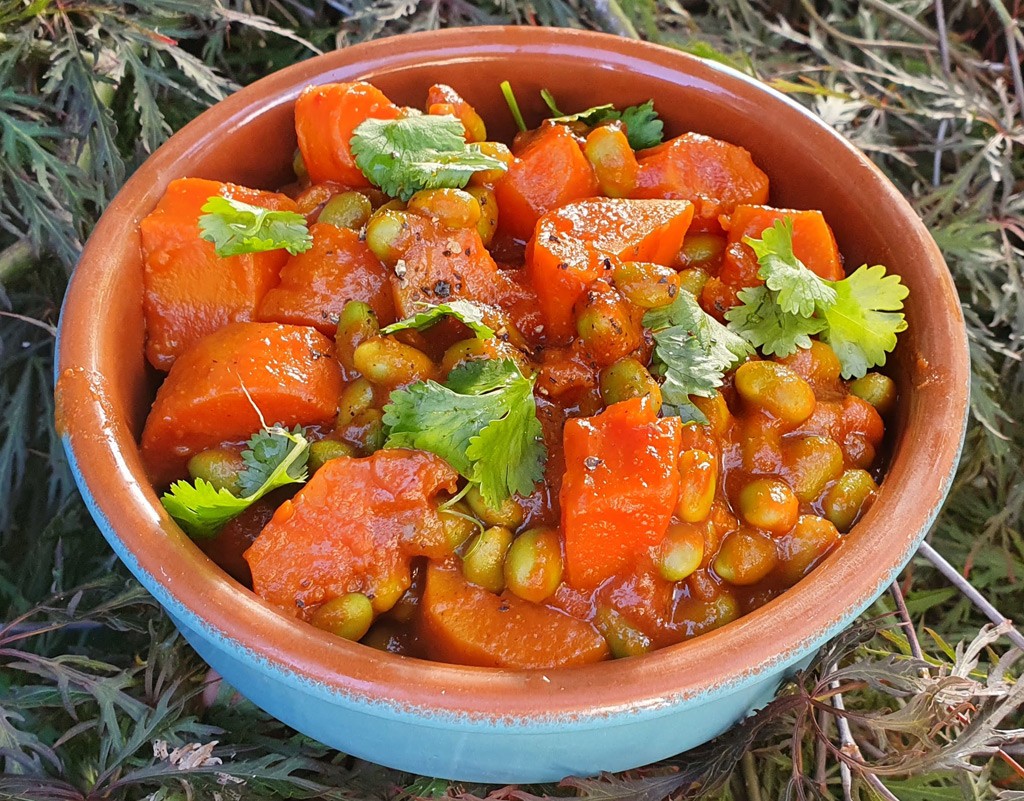 Spiced sweet potato and soybean stew