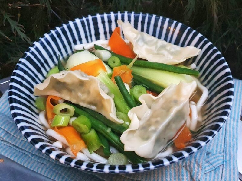 Chicken ramen soup with gyoza