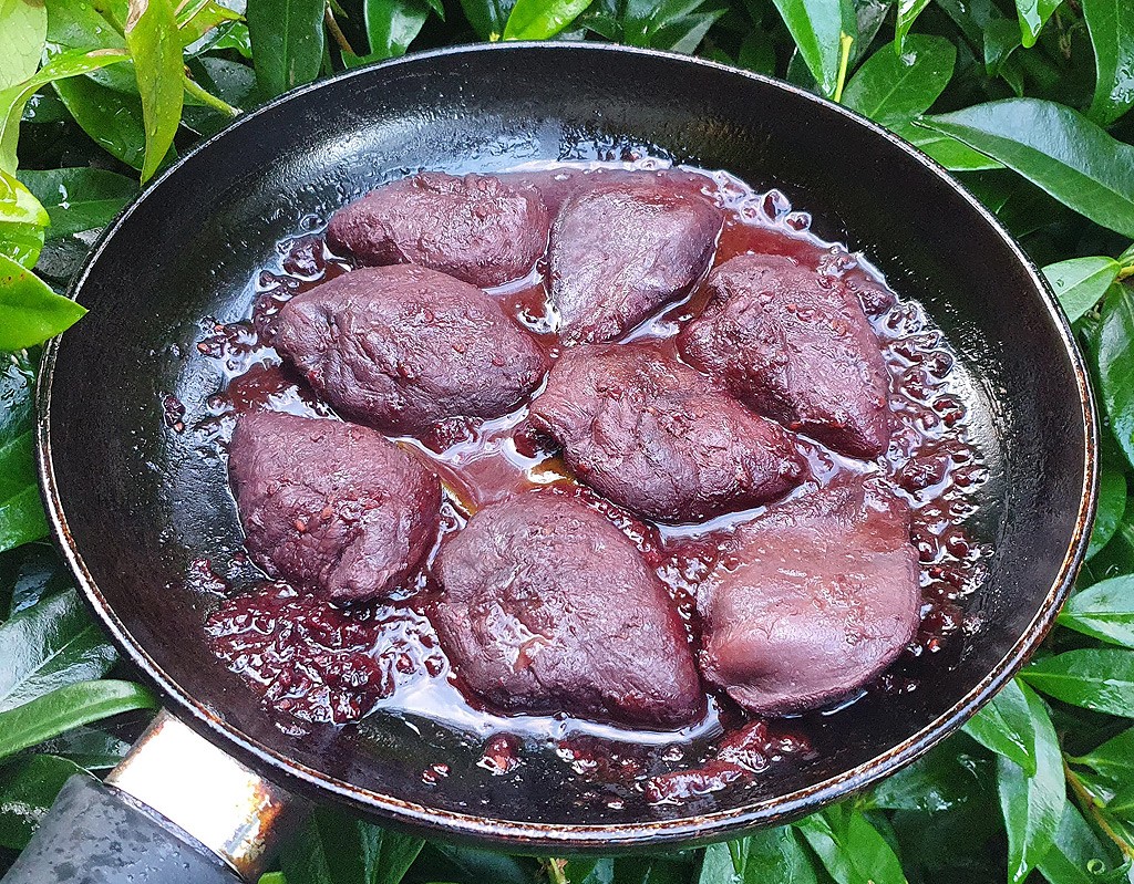 Wood pigeon in wine and blackberry jus