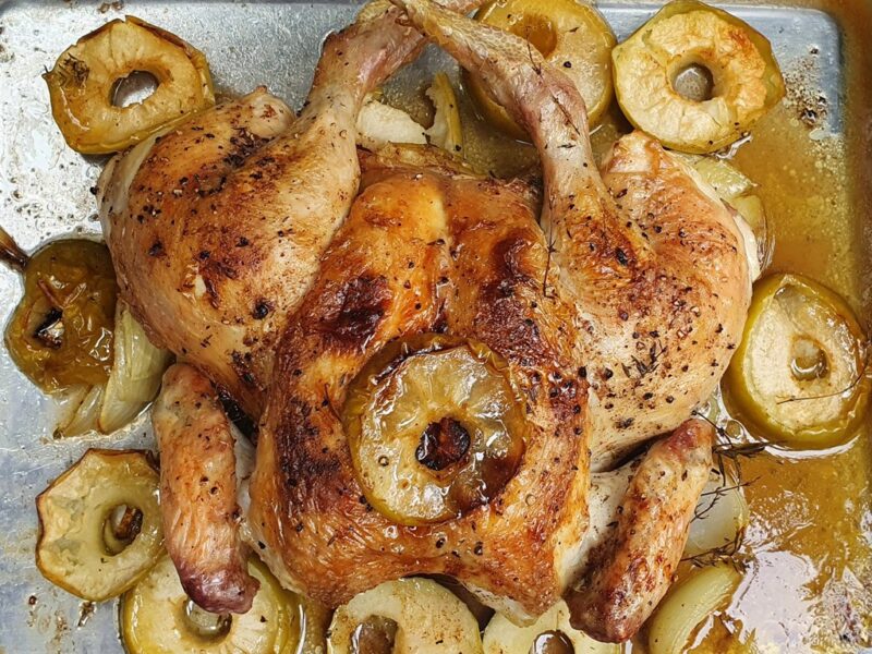 Cinnamon and ginger spiced spatchcock chicken with apple