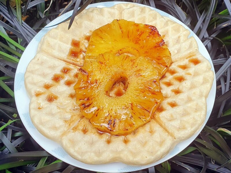 Coconut waffles with caramelised pineapple