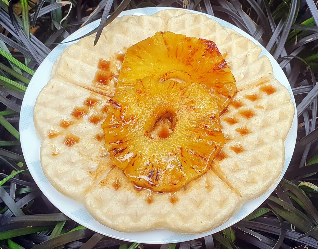 Coconut waffles with caramelised pineapple