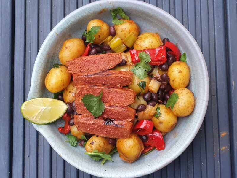 Potato and black bean salad with vegan steak