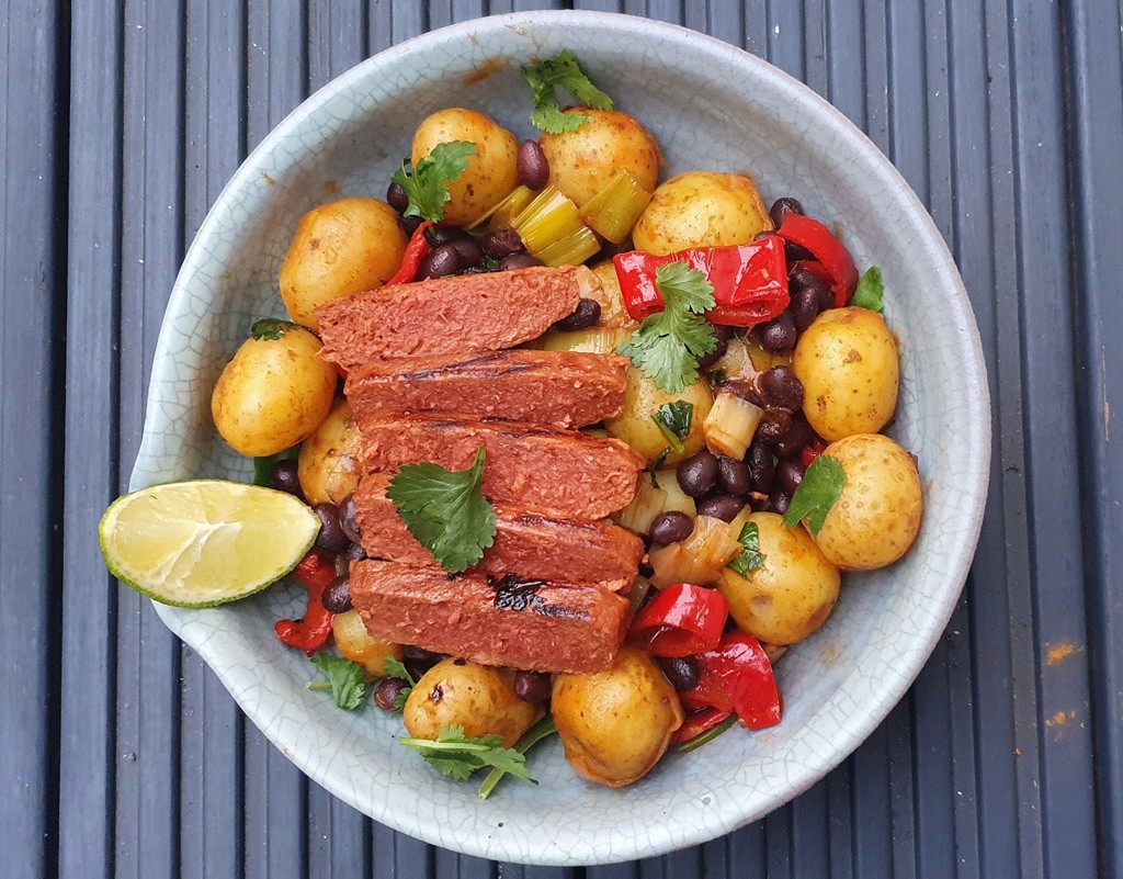 Potato and black bean salad with vegan steak