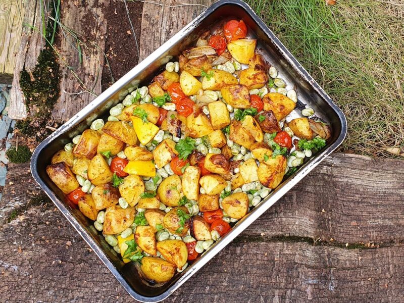 Potato and broad beans traybake