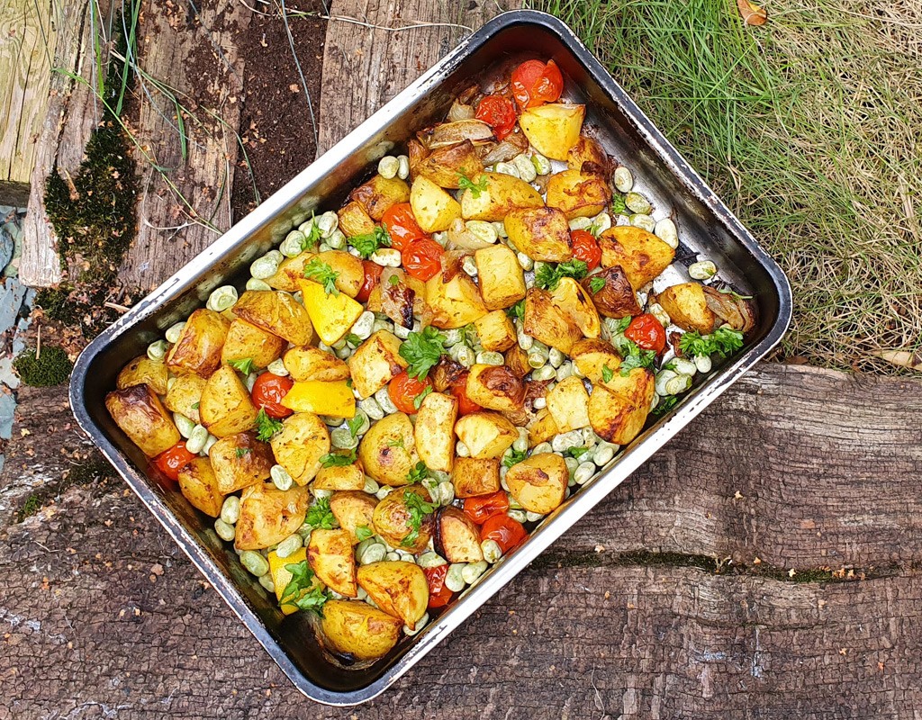 Potato and broad beans traybake