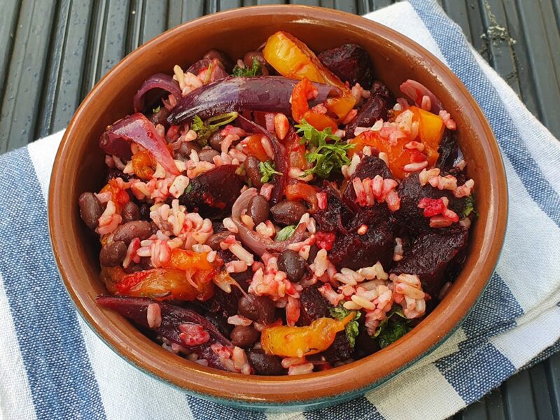 Rice and beans salad with roasted beetroot