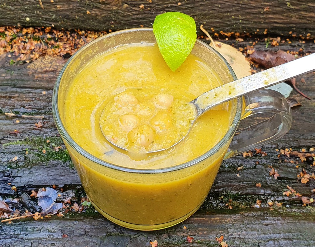 Roasted squash soup with broccoli and chickpeas