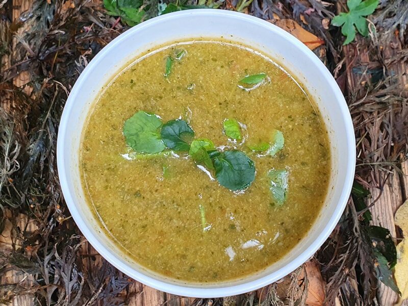 Roasted tomato, broccoli and watercress soup