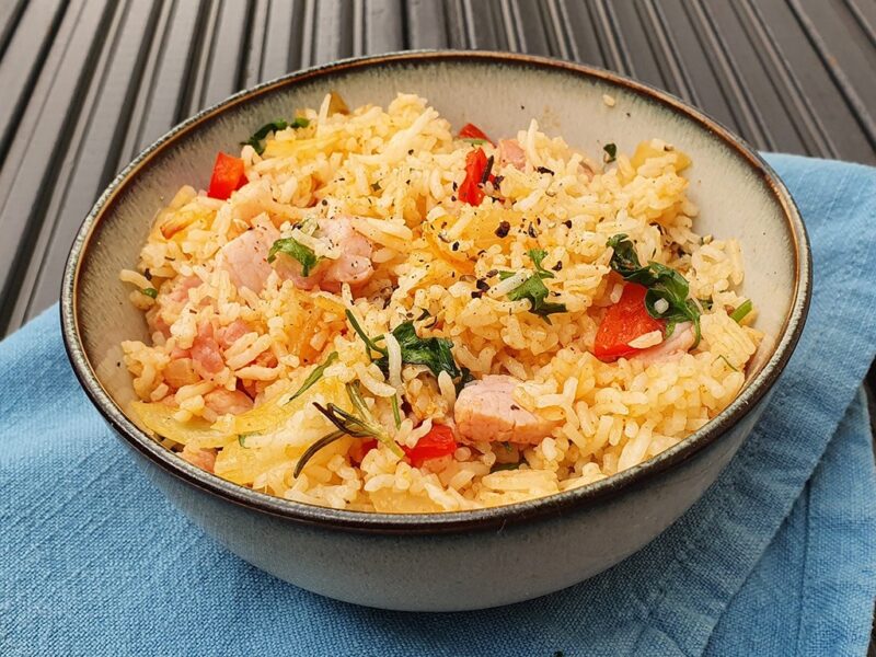 Fried rice with bacon and rosemary