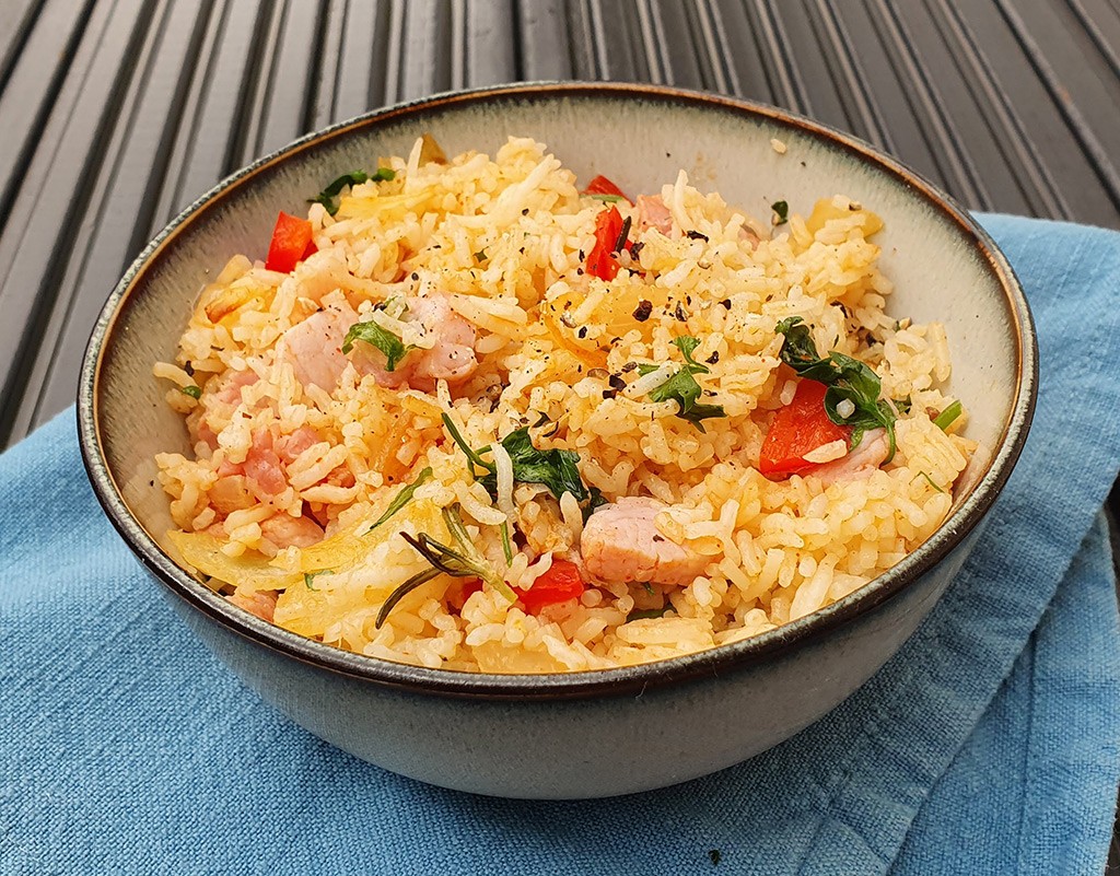 Fried rice with bacon and rosemary