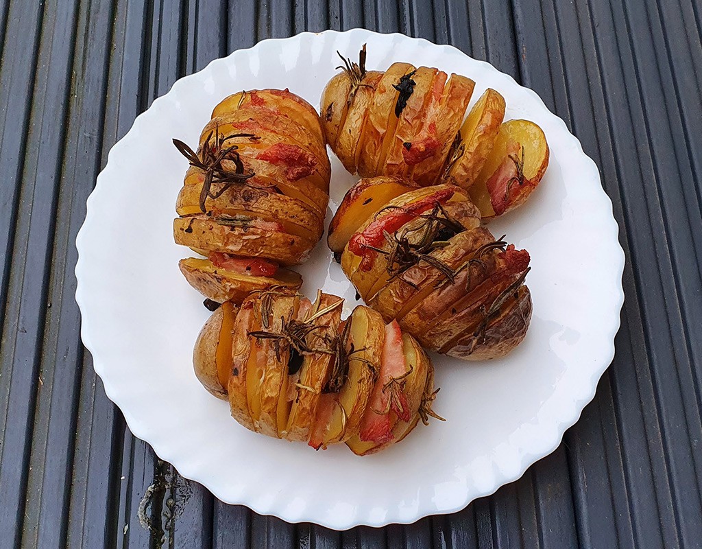 Hasselback potatoes with bacon and rosemary