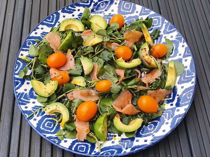 Smoked salmon, avocado and watercress salad