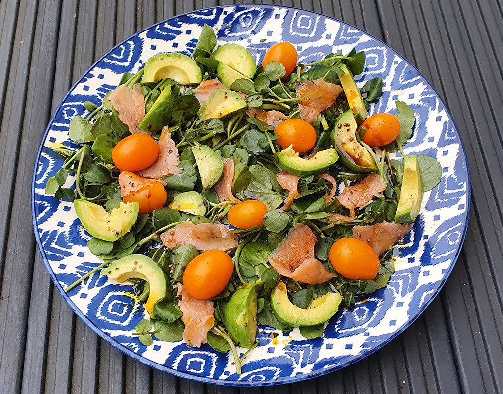 Smoked salmon, avocado and watercress salad