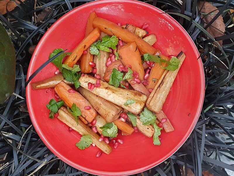 Spiced roasted carrot and parsnip with pomegranate