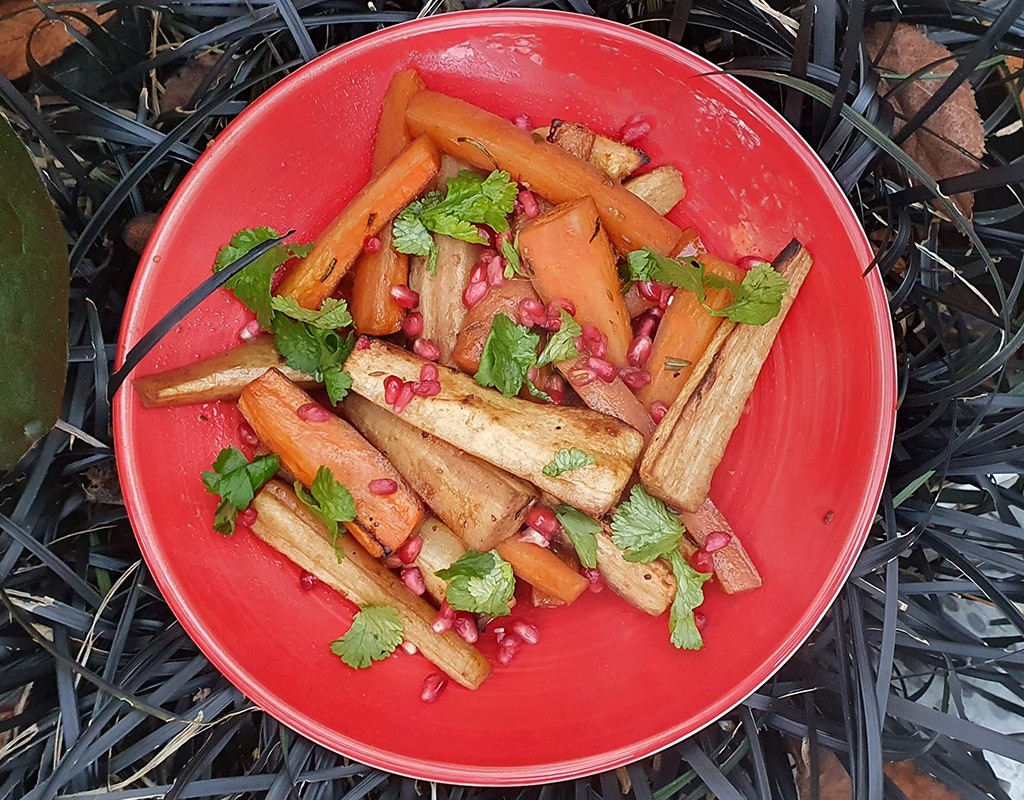 Spiced roasted carrot and parsnip with pomegranate