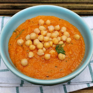 Roasted cherry tomato and sweet potato soup with chickpeas