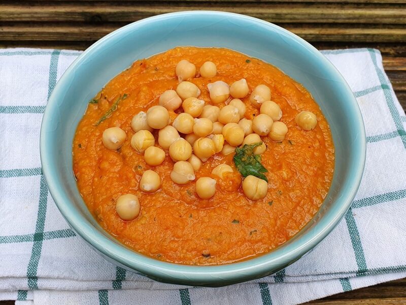 Roasted cherry tomato and sweet potato soup with chickpeas