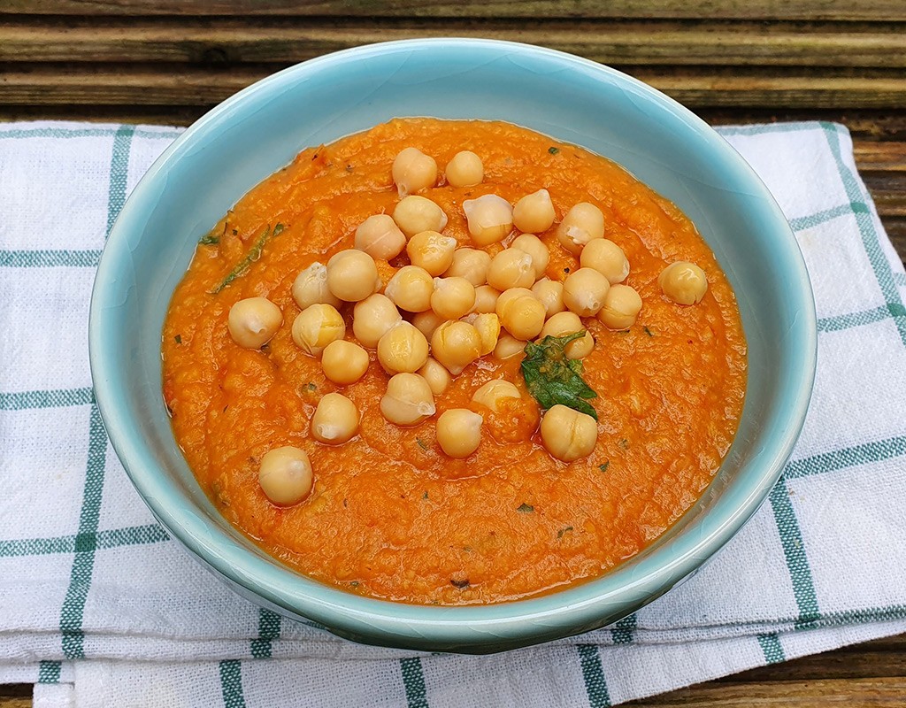 Roasted cherry tomato and sweet potato soup with chickpeas