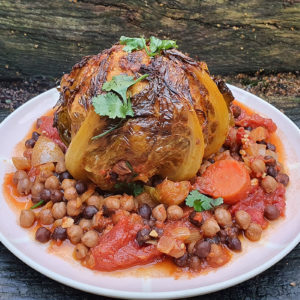 Paprika roasted whole cauliflower with chickpeas