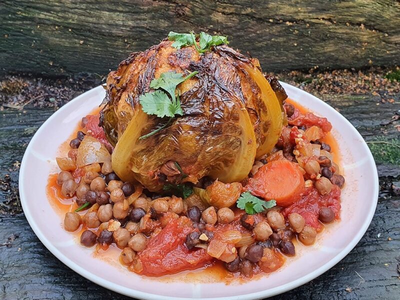 Paprika roasted whole cauliflower with chickpeas