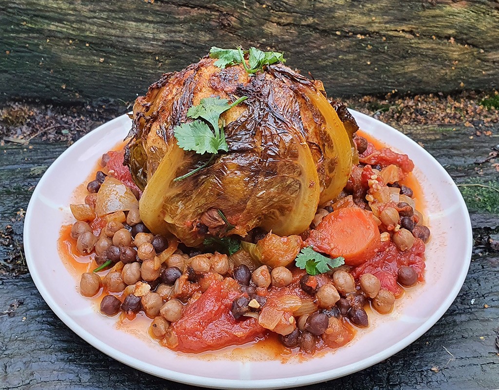 Paprika roasted whole cauliflower with chickpeas