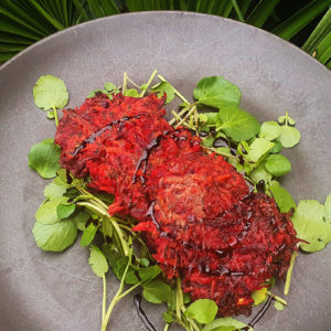 Spiced beetroot and sweet potato fritters