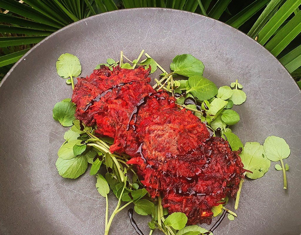 Spiced beetroot and sweet potato fritters