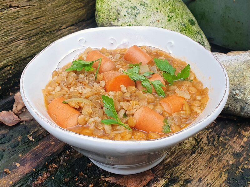 Spiced lentil and frankfurter soup