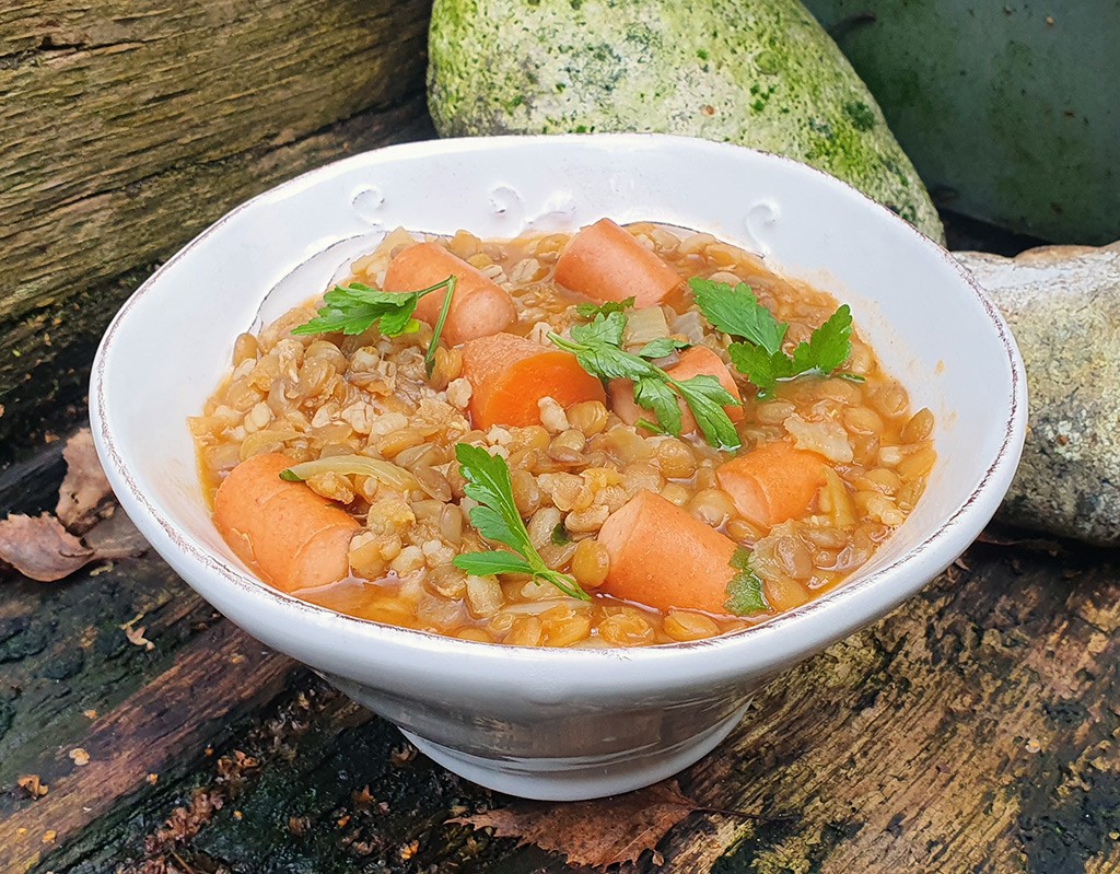 Spiced lentil and frankfurter soup