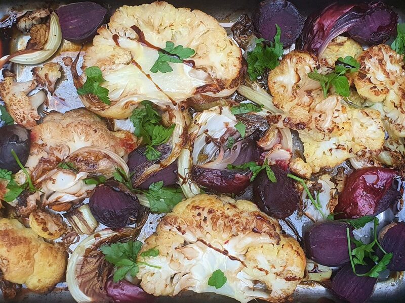 Balsamic baked cauliflower steaks with beetroot