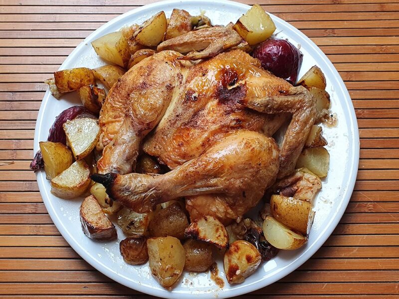 Cinnamon rubbed butterflied chicken with potatoes