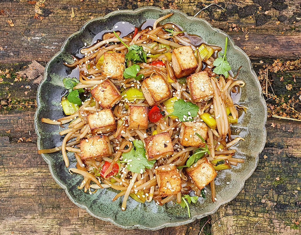 Stir-fry beansprouts and leek with tofu