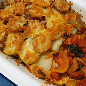 Chorizo, chicken and potato bake