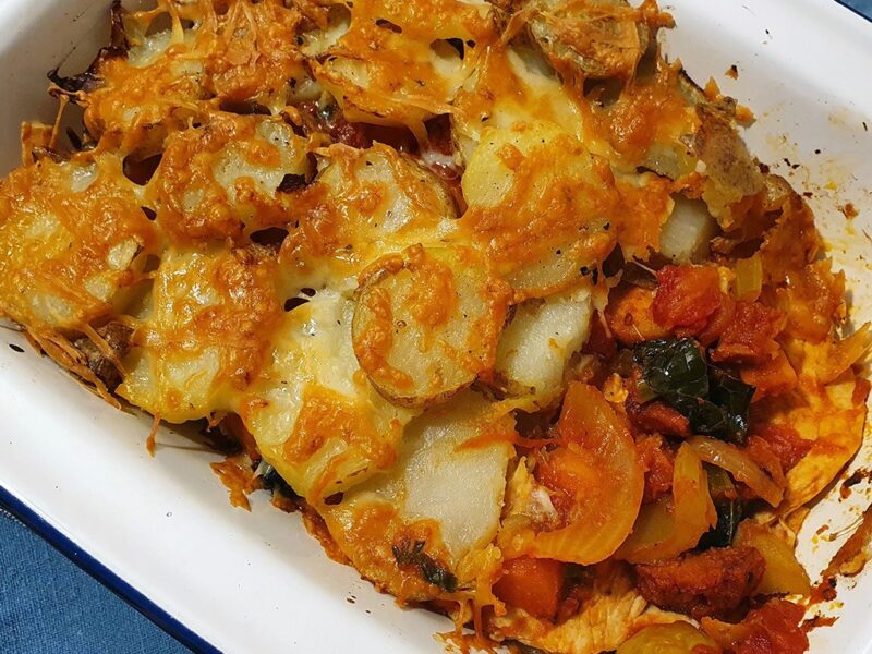 Chorizo, chicken and potato bake