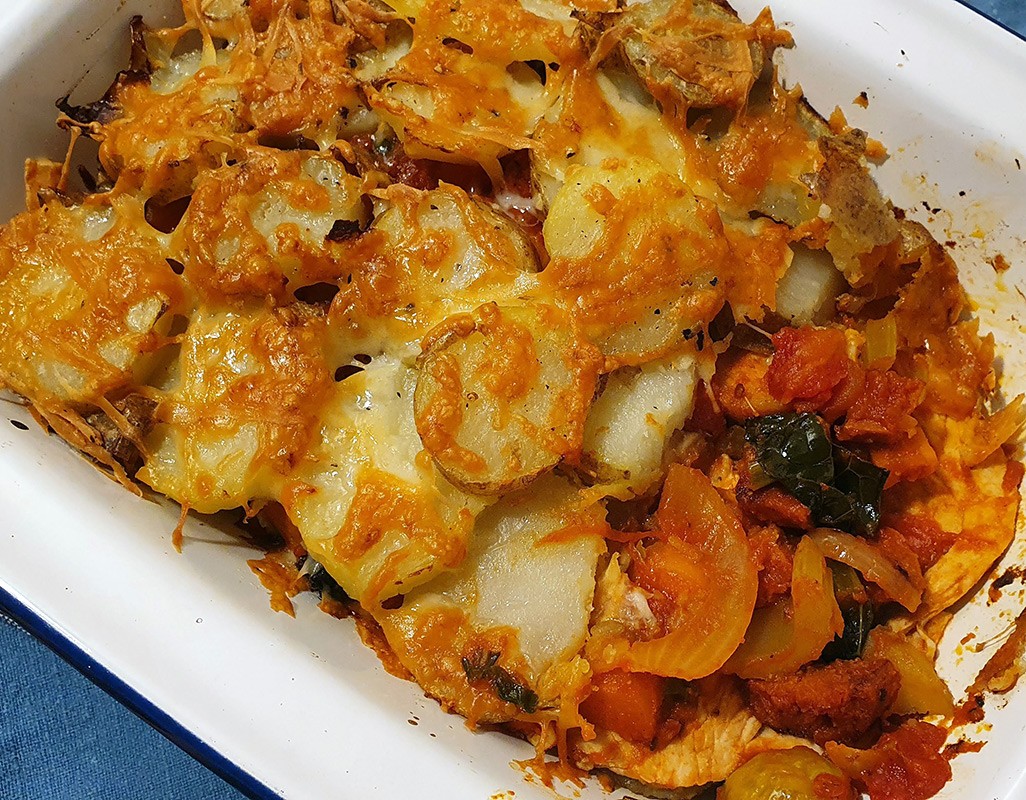 Chorizo, chicken and potato bake