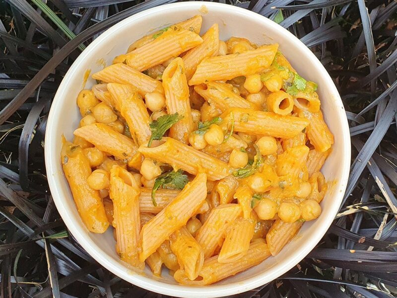 Roasted sweet potato and courgette pasta with chickpeas