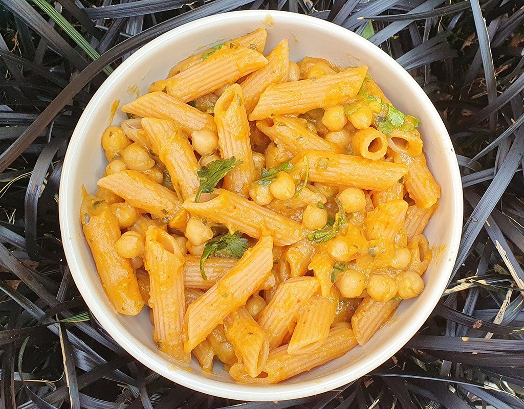 Roasted sweet potato and courgette pasta with chickpeas