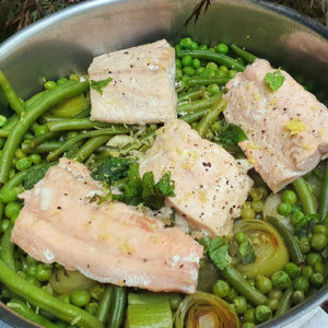 Braised peas and beans with salmon