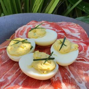 Cream cheese and mustard devilled eggs