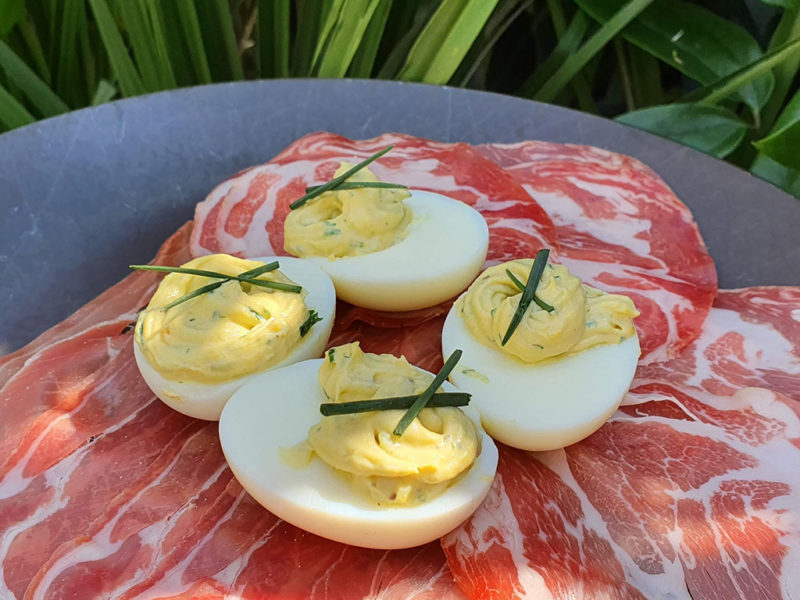 Cream cheese and mustard devilled eggs