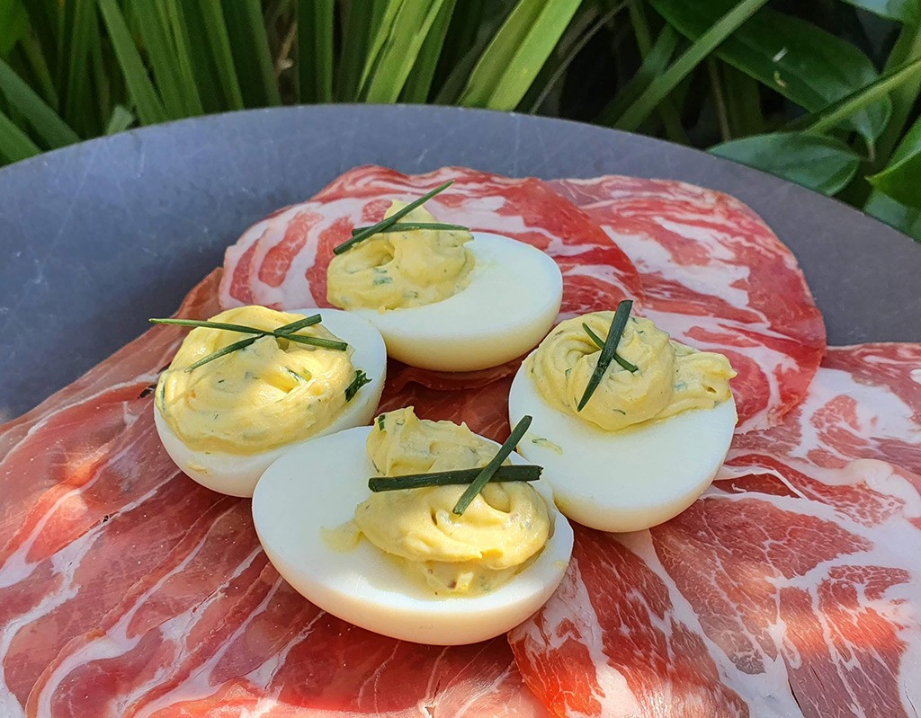 Cream cheese and mustard devilled eggs