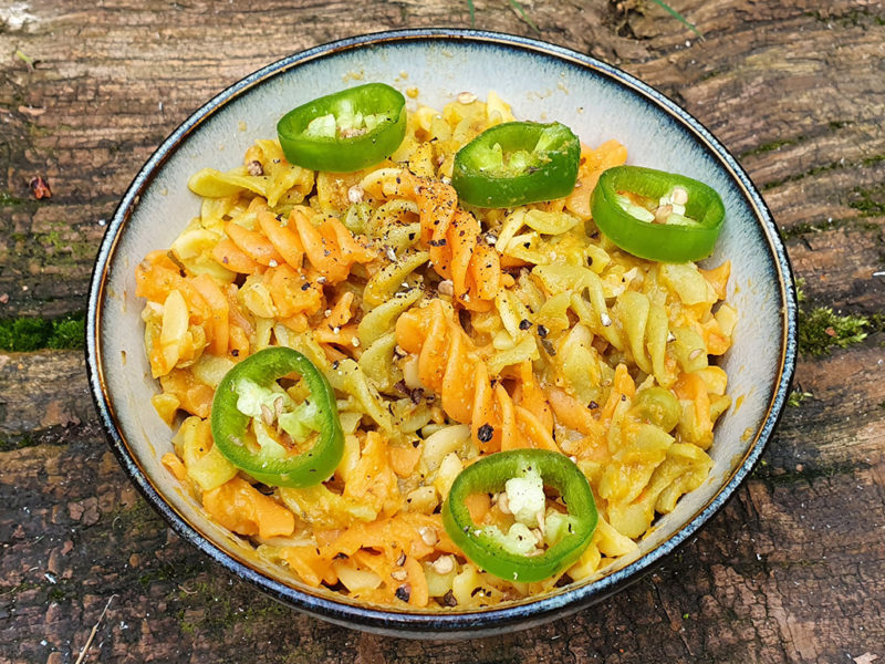 Pasta with spicy sweet potato and red pepper sauce